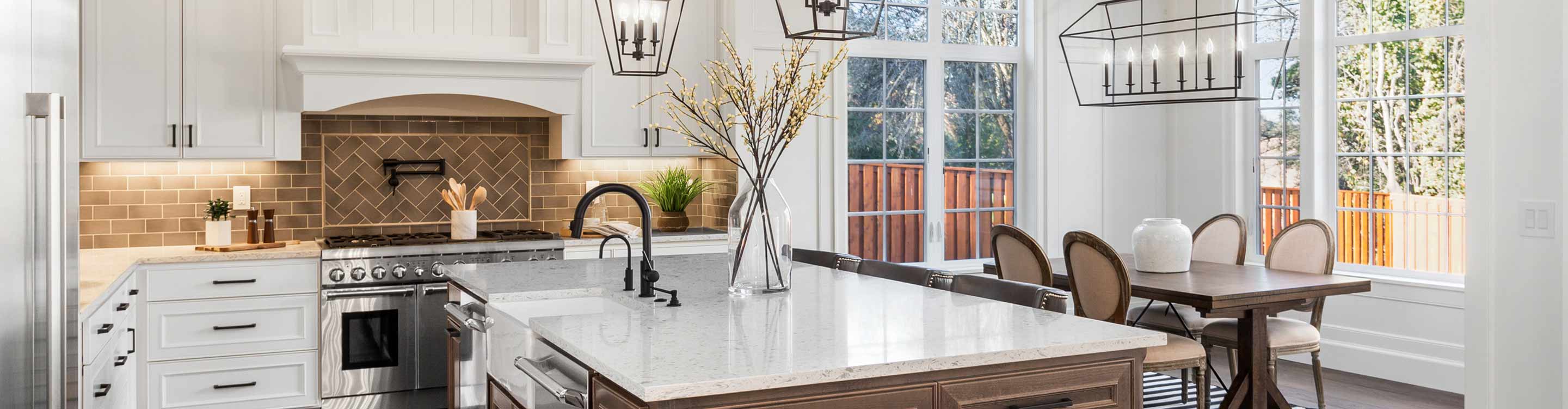 Kitchen, backsplash, brown table, white countertop