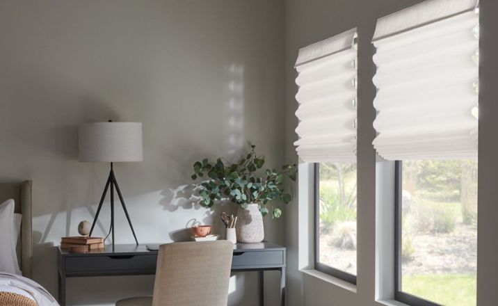 Desk by windows with Roman shades, books, lamp, and greenery in a light gray room.
